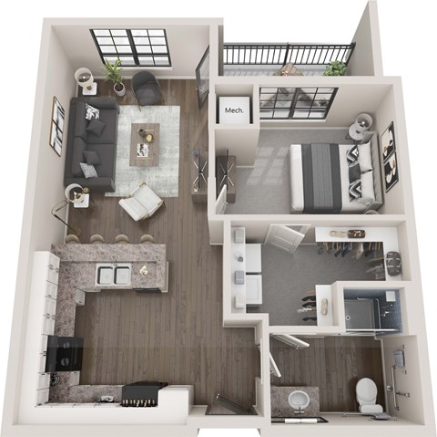 Floor plan for 1 bed, 1 bath, 679 sqft